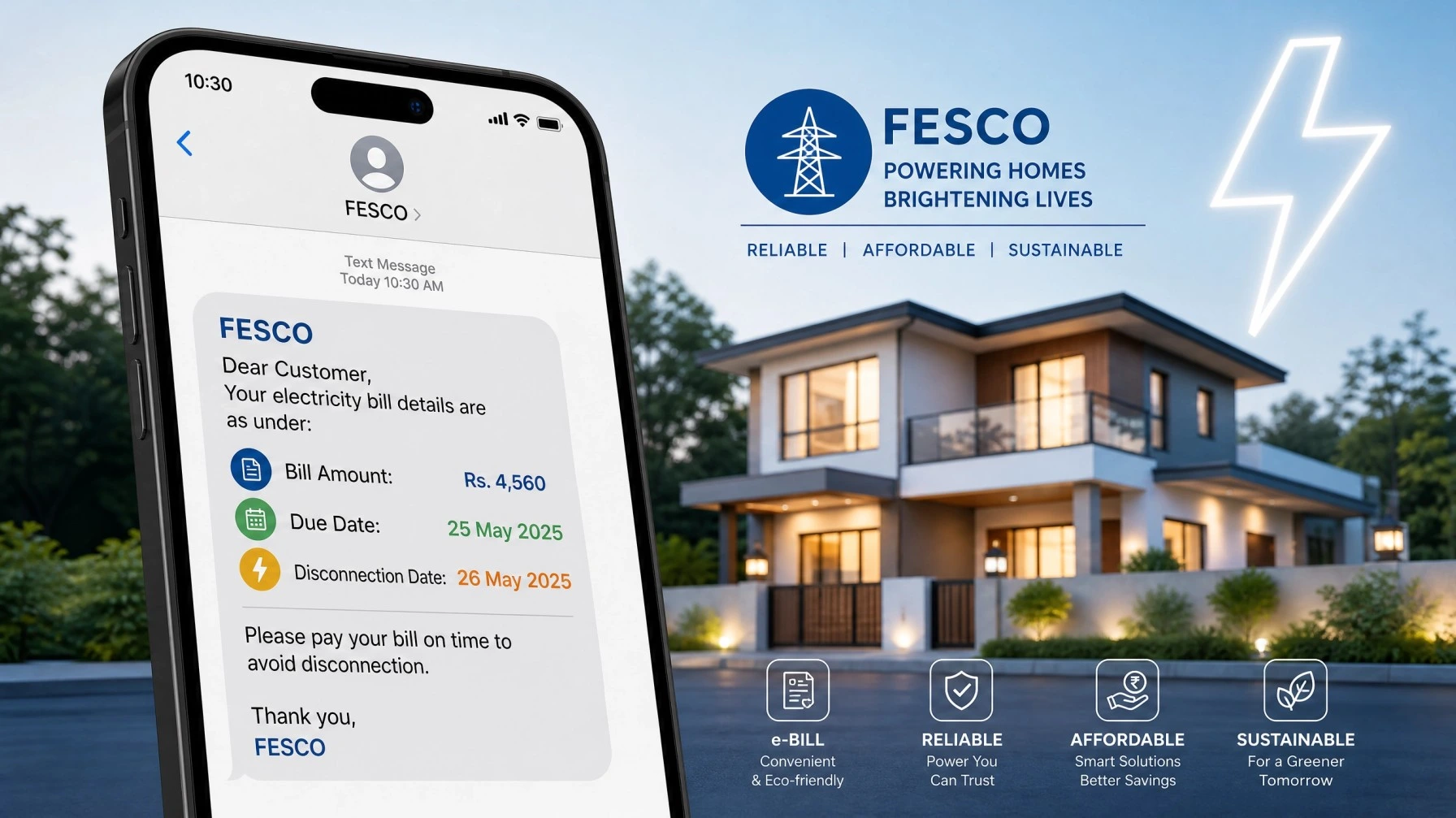 Smartphone showing FESCO electricity bill SMS notification with bill amount and due date.