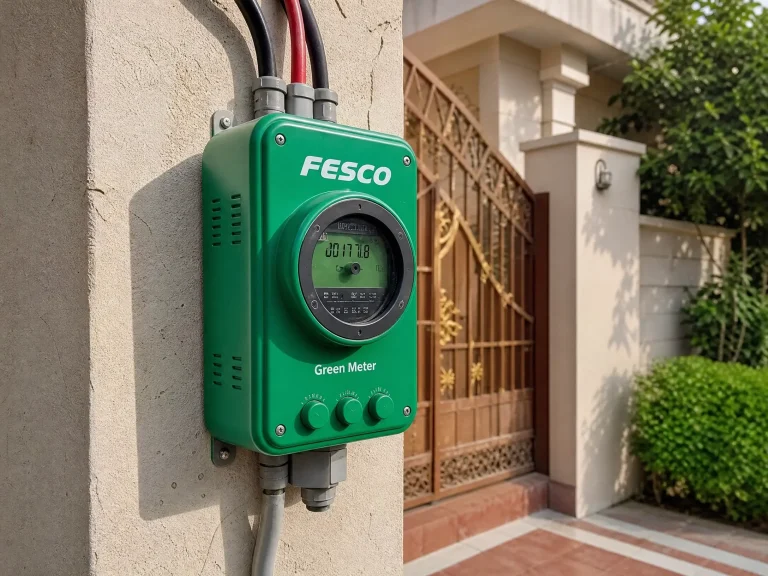 Bright green FESCO Green Meter installed on the exterior wall of a Pakistani home, with electrical cables, conduit, a residential gate, tiled porch, and greenery in the background.