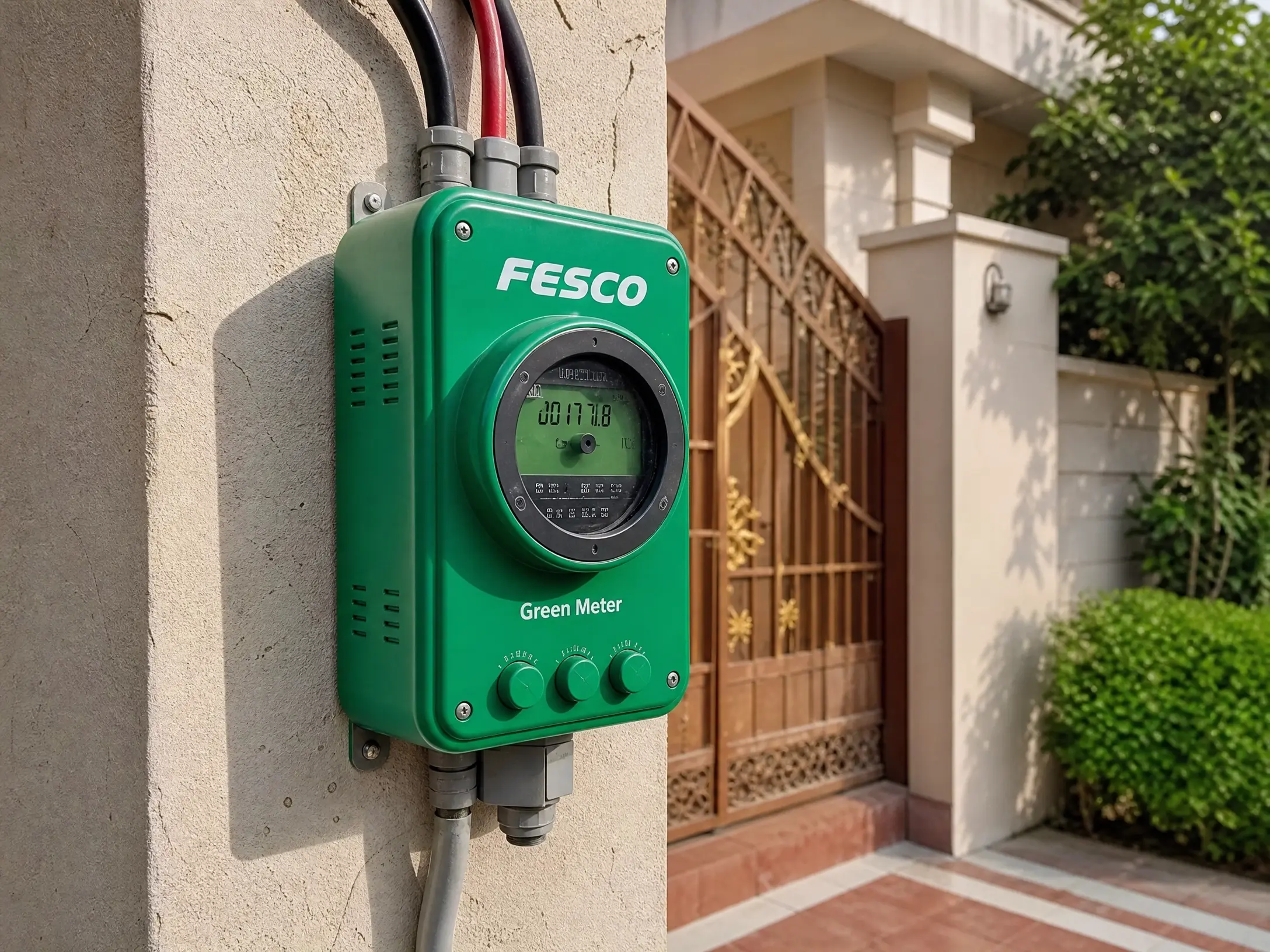 Bright green FESCO Green Meter installed on the exterior wall of a Pakistani home, with electrical cables, conduit, a residential gate, tiled porch, and greenery in the background.
