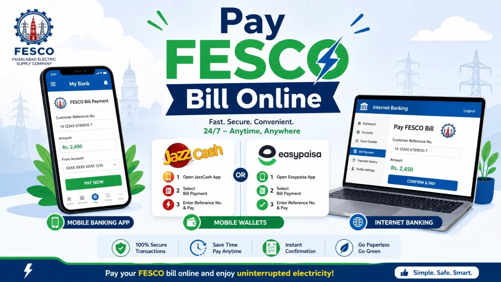 An infographic showing mobile banking, JazzCash, Easypaisa, and internet banking as methods to pay FESCO bills online.
