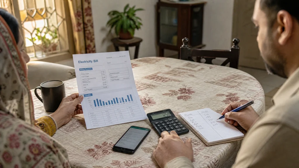 Pakistani household members reviewing an electricity bill with a calculator, smartphone, pen, and notebook tracking monthly electricity units at a dining table.