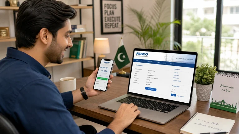 A man happily checking his FESCO electricity bill online using a laptop and a smartphone, representing the convenience of digital utility management.