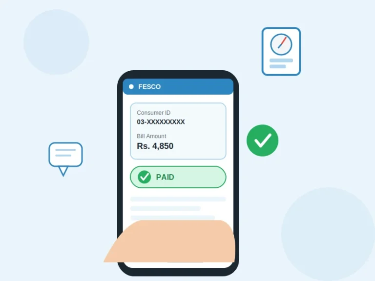 Smartphone screen showing FESCO electricity bill with consumer ID, bill amount, and a green PAID status badge