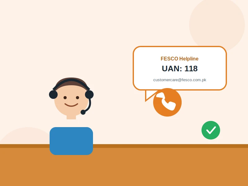 Customer support representative wearing a headset next to a speech bubble showing FESCO helpline UAN 118 and email