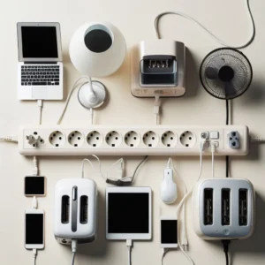 Photograph depicting the use of power strips, showcasing an organized and efficient arrangement of electronic devices connected to power strips for convenience and energy management.