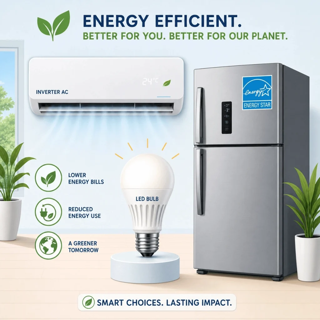 An illustration showing an inverter AC, an LED bulb, and a modern refrigerator with an Energy Star label, representing energy-efficient choices.