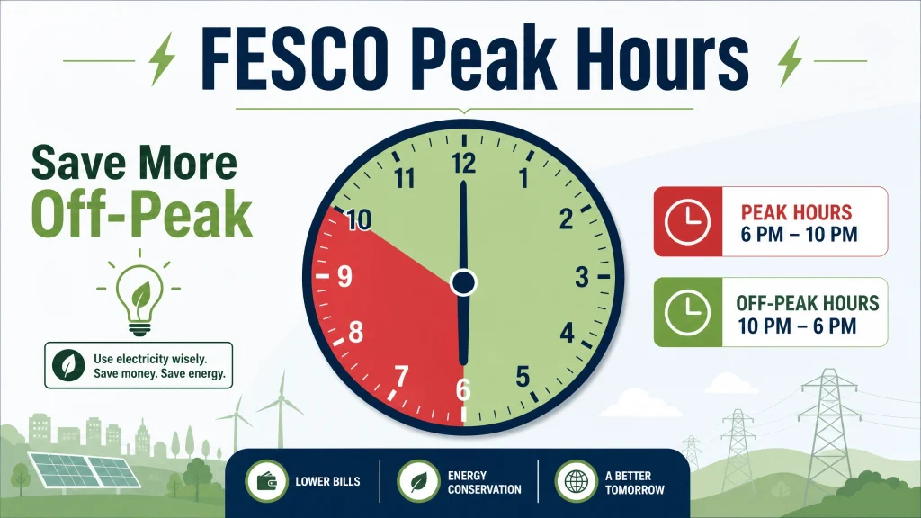 A clock graphic illustrating FESCO peak hours (6 PM to 10 PM) in red and off-peak hours (10 PM to 6 PM) in green, with text promoting wise electricity use.