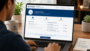 A person using a laptop to fill out the FESCO ENC portal for meter name change, highlighting the digital application process.