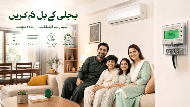 A family smiling in a modern Pakistani living room, with a smart energy meter and an inverter AC visible, representing comfort and reduced electricity bills.