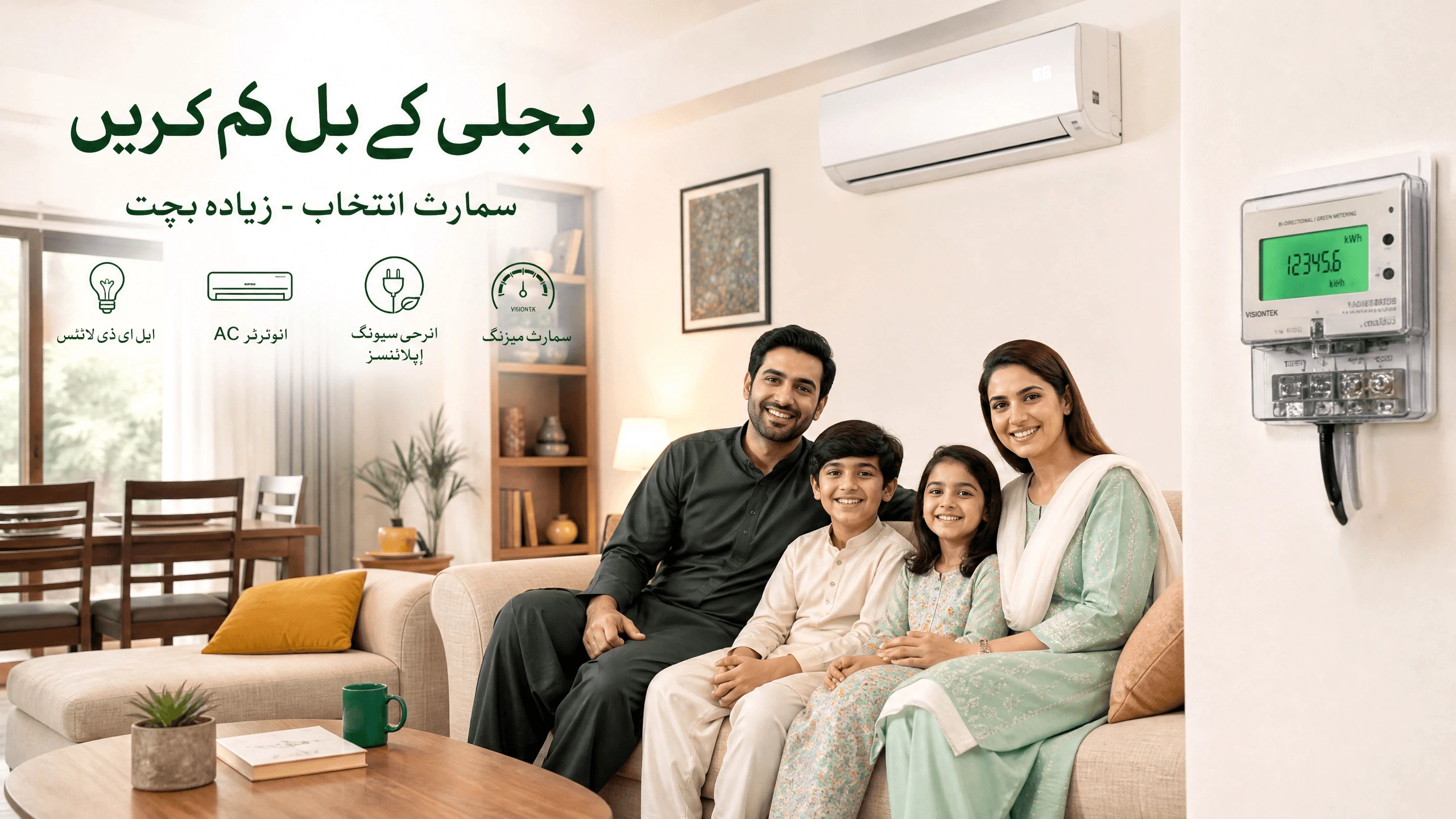 A family smiling in a modern Pakistani living room, with a smart energy meter and an inverter AC visible, representing comfort and reduced electricity bills.