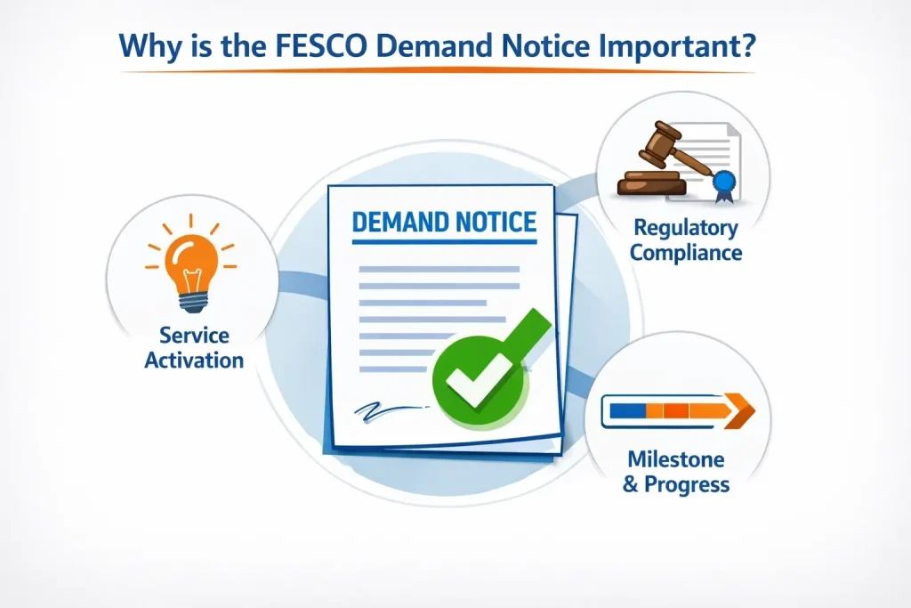Infographic illustrating the importance of FESCO Demand Notice for electricity connection, showing icons for service activation, regulatory compliance, and progress milestones.