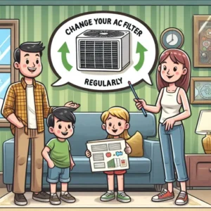 An image highlighting the importance of regular AC filter changes, featuring a person replacing an air conditioner filter, promoting optimal indoor air quality and system efficiency with the caption '[Change AC Filter Regularly].