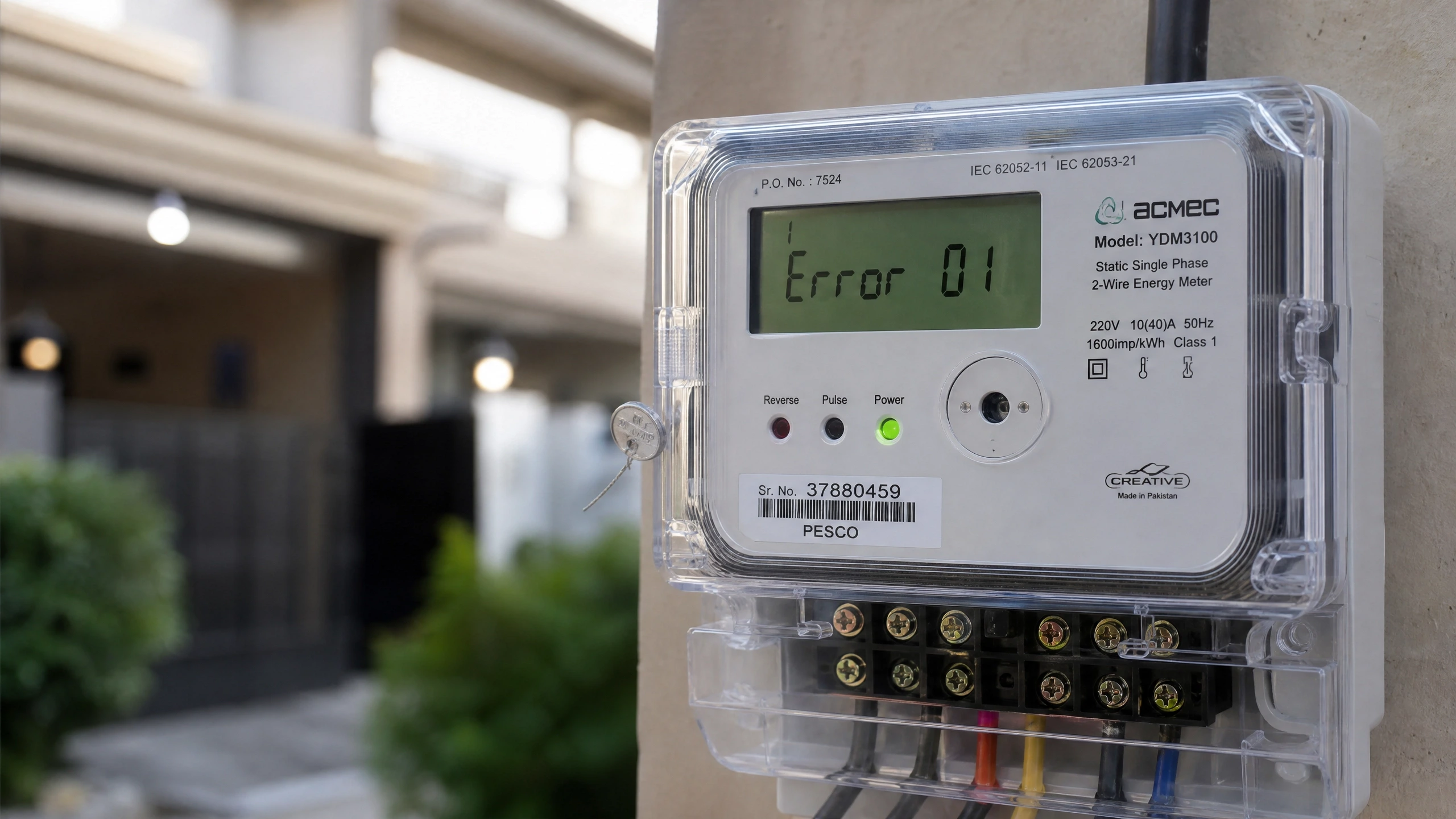 FESCO digital electricity meter LCD screen showing Error 01 error code with meter specifications visible, indicating battery low or internal fault issue requiring professional attention