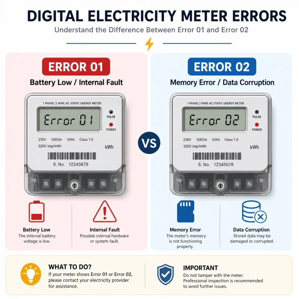 Infographic comparing FESCO meter Error 01 and Error 02. Left side shows Error 01 (battery low/internal fault) with red badge and battery icon. Right side shows Error 02 (memory error/data corruption) with blue badge and memory chip icon. Includes causes, impacts, and recommended solutions for each error code.
