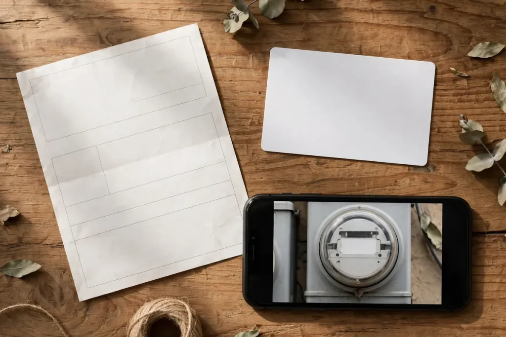 Documents for FESCO bill correction: electricity bill, CNIC copy and meter photo on phone