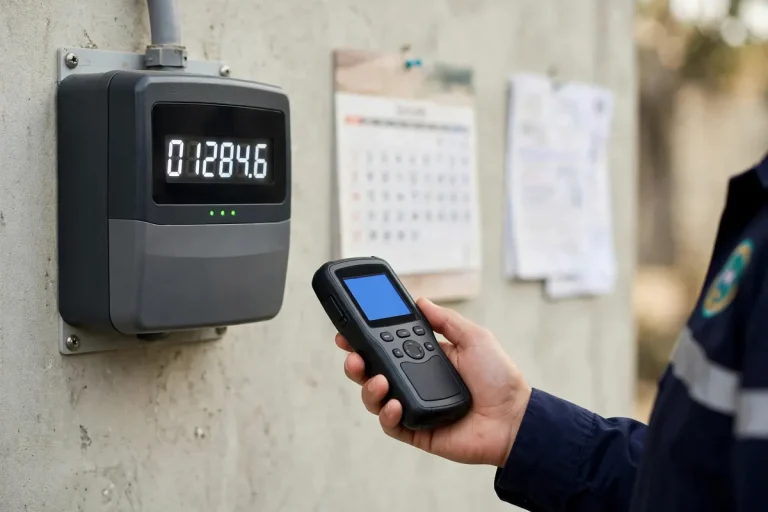 Digital electricity meter with meter reader holding handheld device recording reading — FESCO meter reading schedule