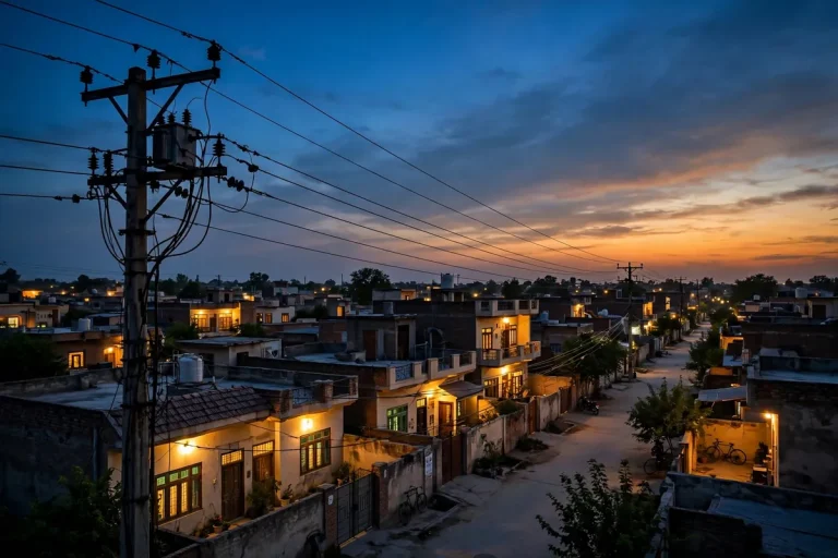 Punjab residential street at dusk with lights on and electricity pole — FESCO peak hours evening demand