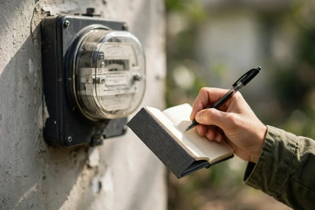 Writing meter reading in a notebook next to electricity meter — FESCO billing tips