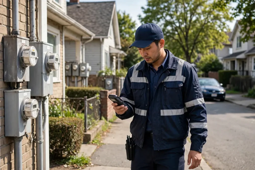 Uniformed meter reader with handheld device on a residential street — FESCO meter reading process