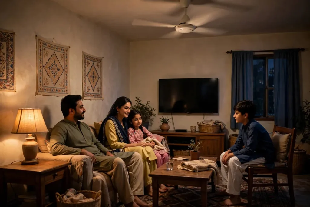 Pakistani living room in the evening with warm lamp light — saving electricity during FESCO peak hours