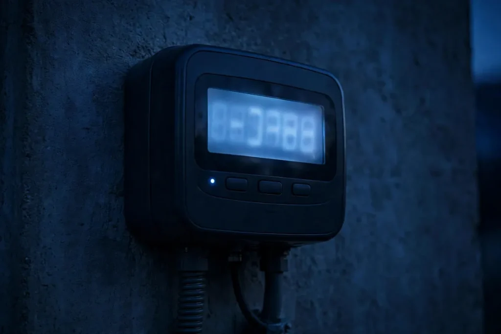 Digital TOU electricity meter glowing at night — FESCO peak hours metering
