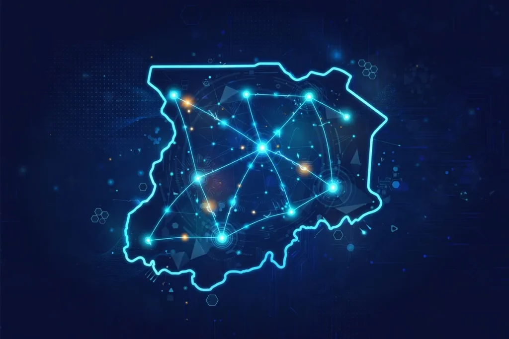 Illustration of Punjab region with glowing network nodes connected by power lines — FESCO service area