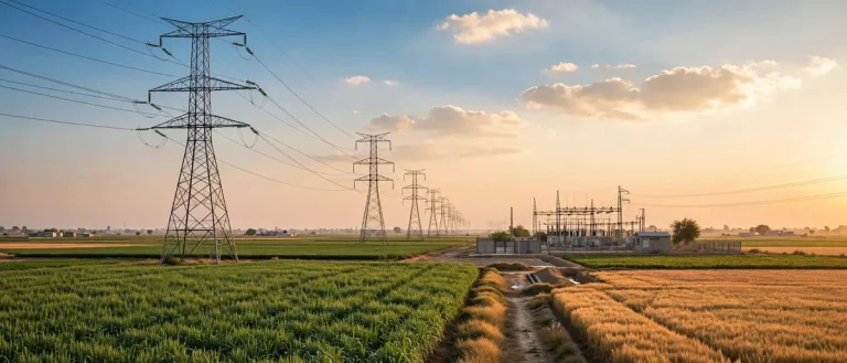 High-voltage transmission towers carrying power lines across Punjab fields at sunset — FESCO electricity distribution network