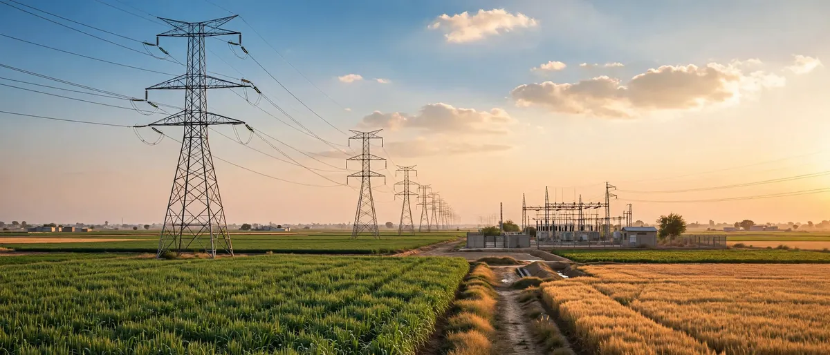 High-voltage transmission towers carrying power lines across Punjab fields at sunset — FESCO electricity distribution network